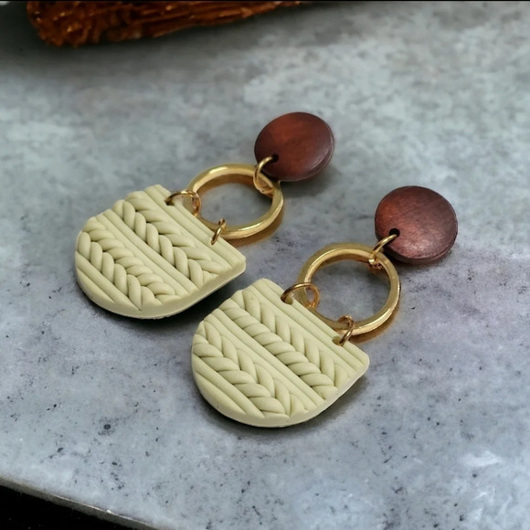 🆕️Handcrafted Boho Clay & Wood Earrings 🌿 Gold-Plated Artisanal Charm - Picture 1 of 10